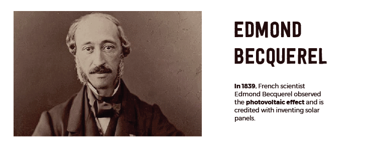 A photo and description of French scientist Edmond Becquerel, who in 1839, observed the photovoltaic effect and is credited with inventing solar panels. 